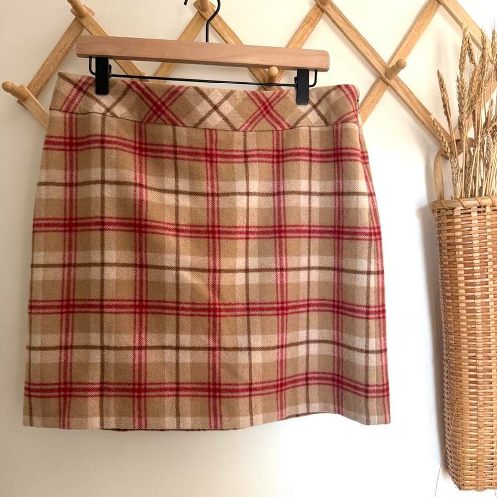 Ann taylor loft plaid wool blend mini skirt tan red academic preppy size 12